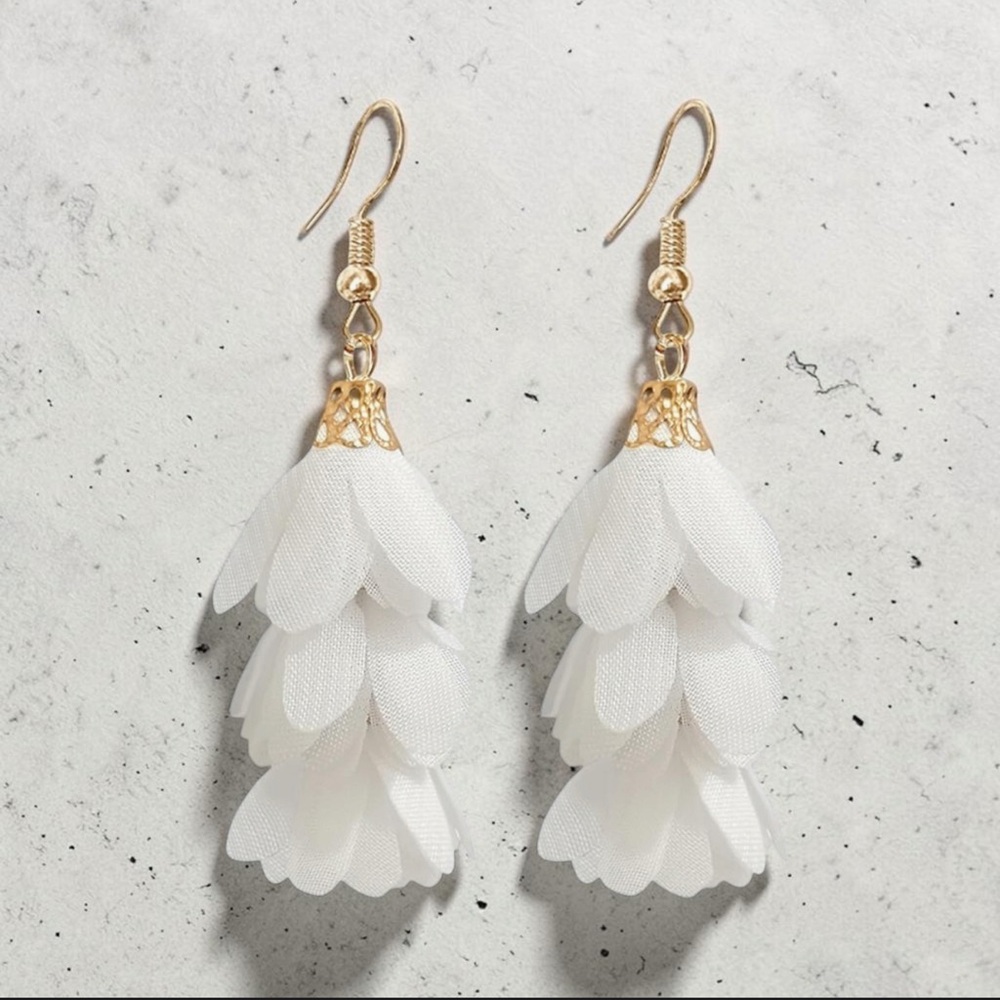 White Floral Petal Drop Earrings - Women Jewelry